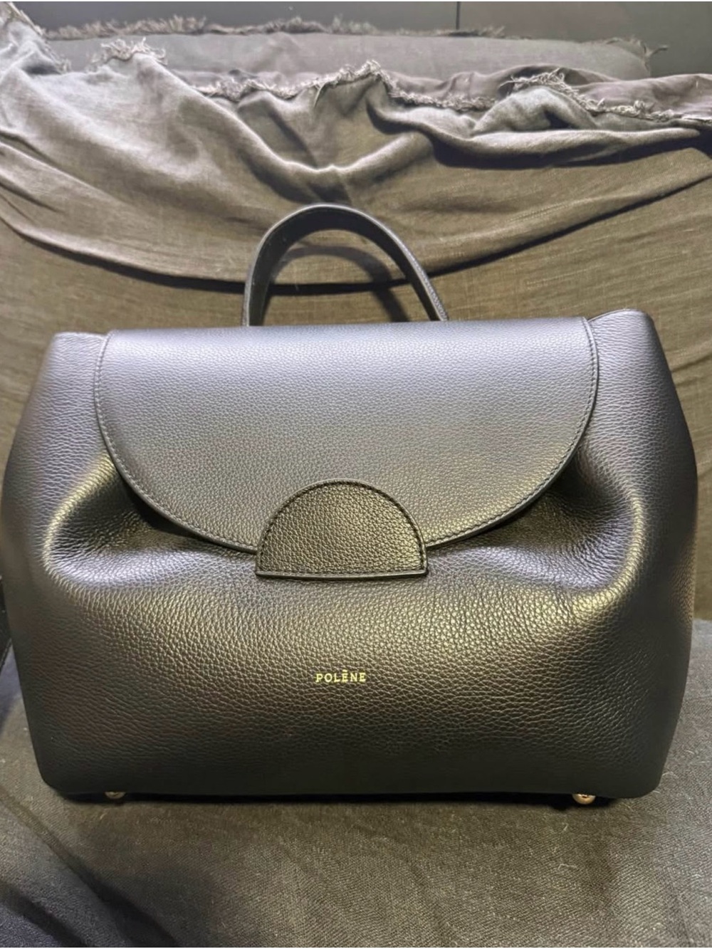 Polene Black Pebbled Leather Satchel with Top Handle